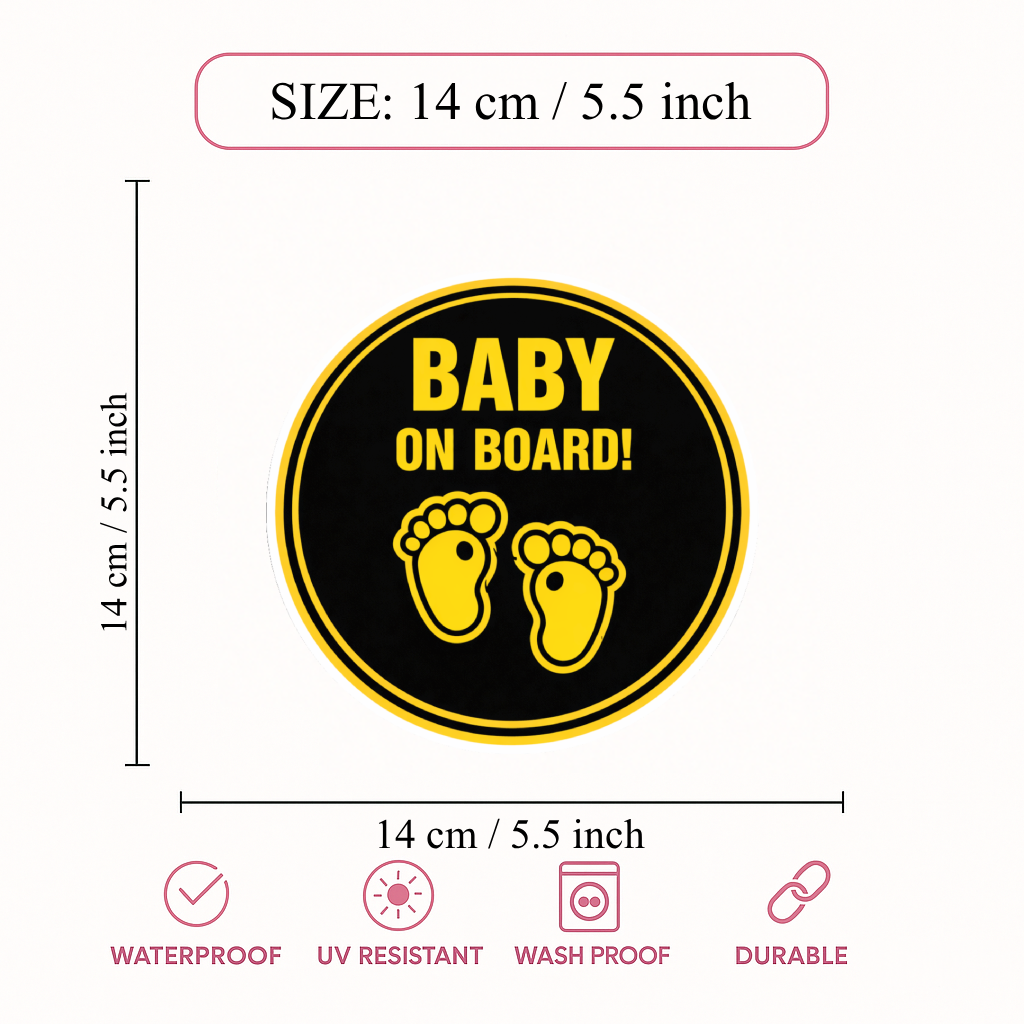 Smeeps Baby On Board Car Sticker – 14 × 14 cm (5.5 × 5.5 Inch) High Visibility Black & Yellow Safety Vinyl Decal for Car | Waterproof UV Resistant Round Sticker