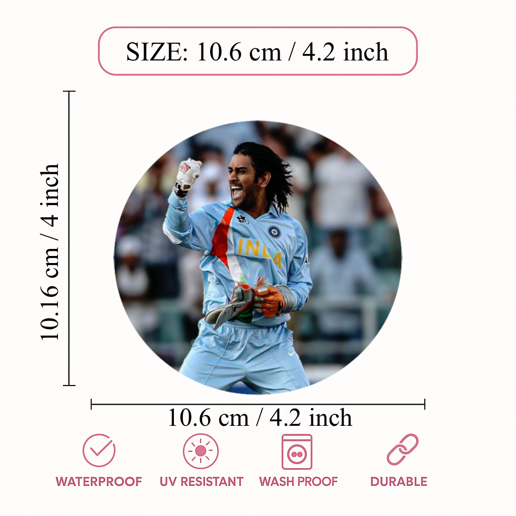 Smeeps MS Dhoni Celebration Sticker – 10.6 × 10.6 cm (4.2 × 4.2 Inch) Round Car & Bike Vinyl Decal | Team India Wicketkeeper Action Design | Waterproof UV Resistant
