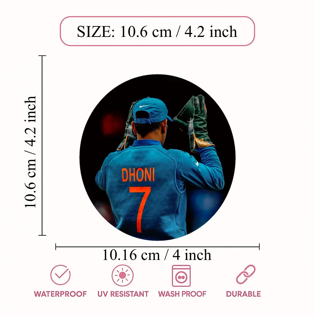 Smeeps MS Dhoni Celebration Sticker – 10.6 × 10.6 cm (4.2 × 4.2 Inch) Round Car & Bike Vinyl Decal | Team India Iconic Jersey Design | Waterproof UV Resistant