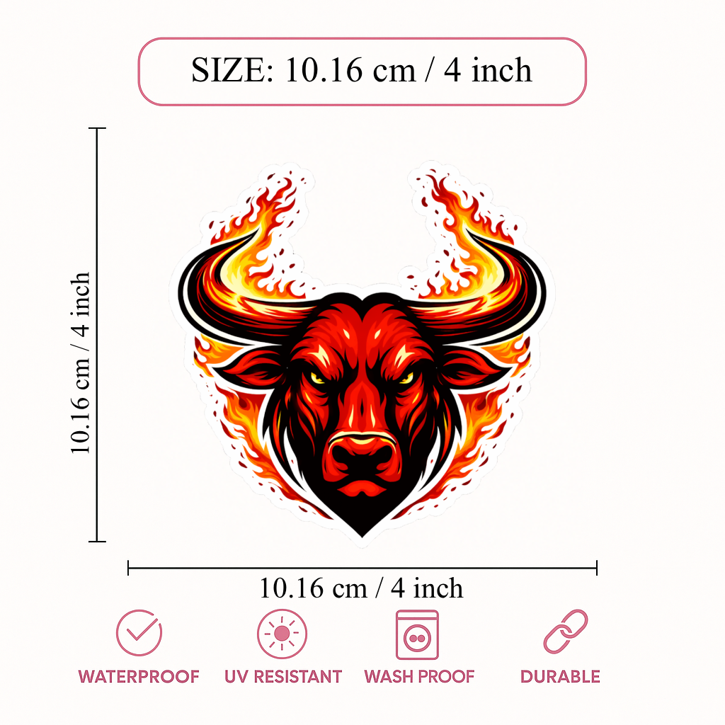 Smeeps Flaming Bull Face Vinyl Sticker – 10.16 × 10.16 cm (4 × 4 Inch) Waterproof Bike & Car Sticker | Fire Horn Bull Decal | UV Resistant Wash Proof | Pack of 1