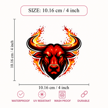 Smeeps Flaming Bull Face Vinyl Sticker – 10.16 × 10.16 cm (4 × 4 Inch) Waterproof Bike & Car Sticker | Fire Horn Bull Decal | UV Resistant Wash Proof | Pack of 1