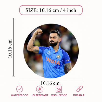 Smeeps Virat Kohli India Sticker – 10.16 × 10.16 cm (4 × 4 Inch) Round Car & Bike Vinyl Decal | Team India Celebration Design | Waterproof UV Resistant