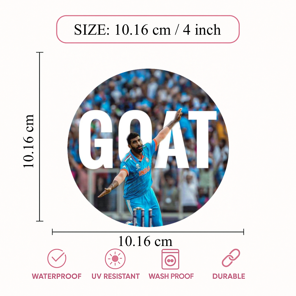 Smeeps Jasprit Bumrah GOAT Sticker – 10.16 × 10.16 cm (4 × 4 Inch) Round Car & Bike Vinyl Decal | Indian Cricket Fast Bowler Design | Waterproof UV Resistant