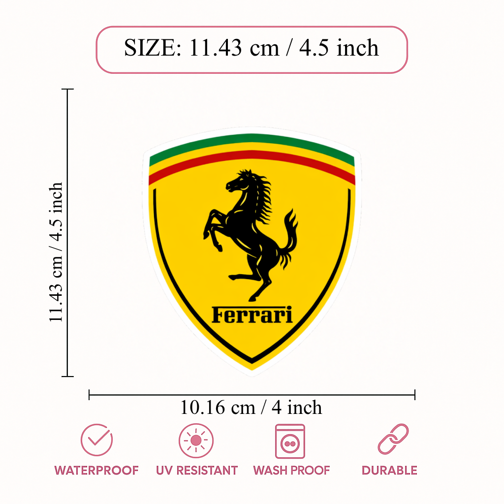 Smeeps Ferrari Shield Vinyl Sticker – 11.43 × 10.16 cm (4.5 × 4 Inch) Waterproof Sports Car Logo Decal | Premium UV Resistant Sticker for Car, Bike, Laptop & Helmet | Pack of 1