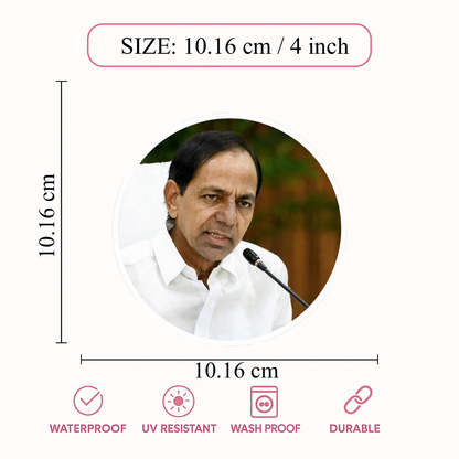 Smeeps K. Chandrashekar Rao Portrait Round Sticker – 10.16 cm (4 Inch) Car & Bike Vinyl Decal | Waterproof UV Resistant Political Design