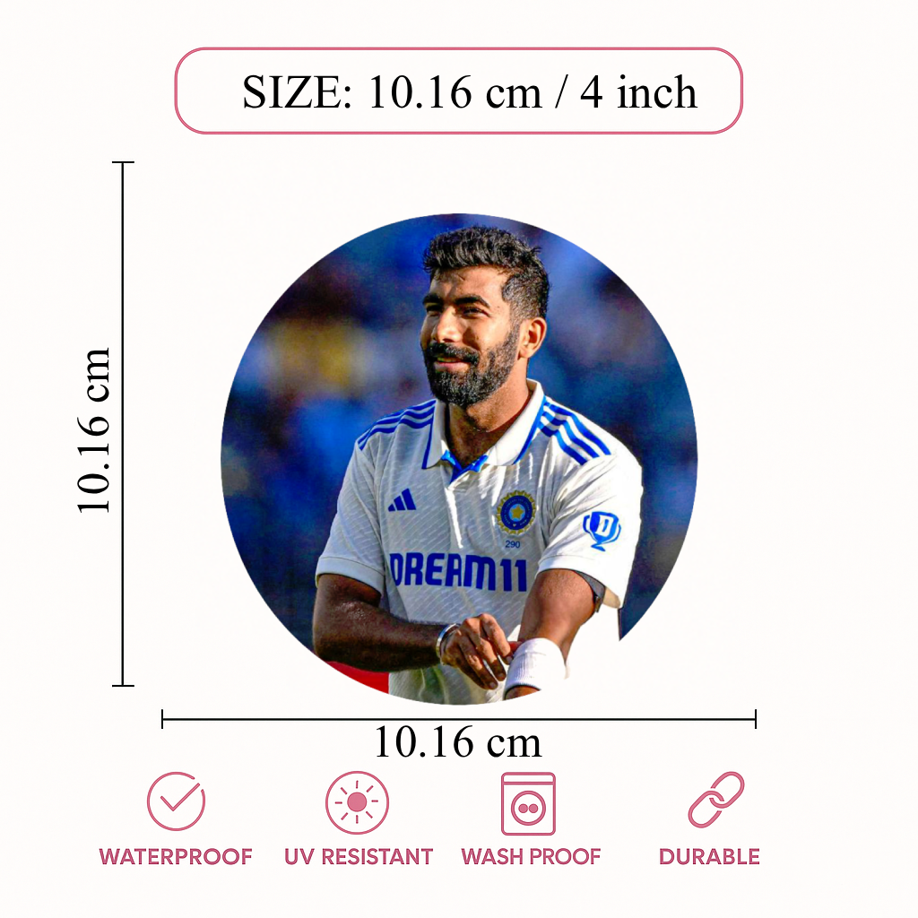 Smeeps Jasprit Bumrah GOAT Sticker – 10.16 × 10.16 cm (4 × 4 Inch) Round Car & Bike Vinyl Decal | Indian Fast Bowler Celebration Design | Waterproof UV Resistant