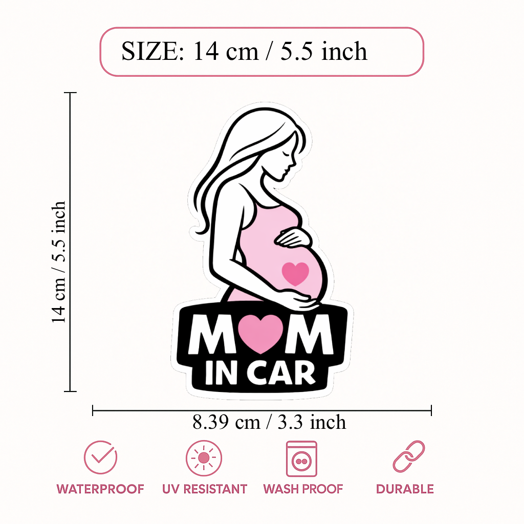 Smeeps Mom In Car Pregnancy Car Sticker – 14 × 8.39 cm (5.5 × 3.3 Inch) Waterproof Vinyl Sticker for Cars | UV Resistant Maternity Safety Decal | Baby Bump Mom On Board Sticker | Pack of 1