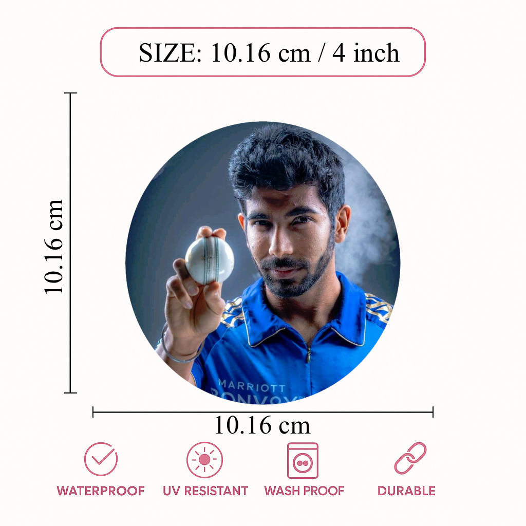 Smeeps Jasprit Bumrah Team India Sticker – 10.16 × 10.16 cm (4 × 4 Inch) Round Car & Bike Vinyl Decal | Indian Fast Bowler Action Design | Waterproof UV Resistant