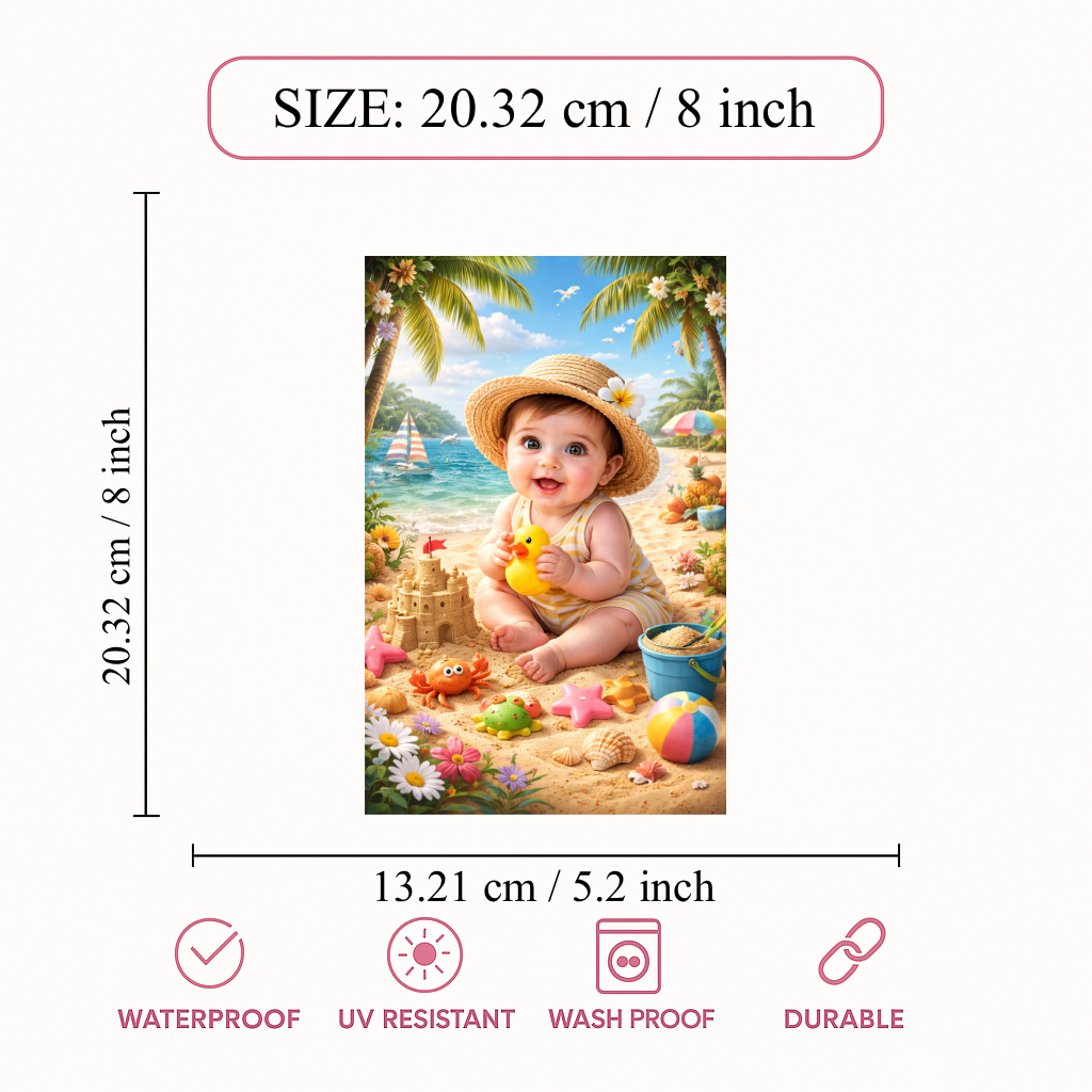 Smeeps Cute Beach Baby Wall Poster – 20.32 × 13.21 cm (8 × 5.2 Inch) Tropical Summer Theme Kids Decorative Poster | 300 GSM Non-Adhesive Nursery & Baby Room Wall Decor Poster for Home, Playroom & Daycare | Pack of 1