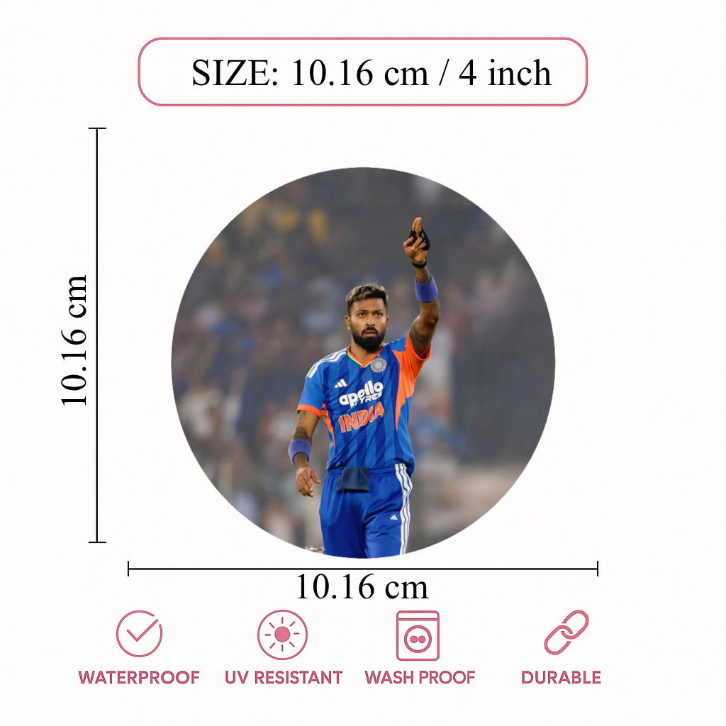 Smeeps Hardik Pandya India Sticker – 10.16 × 10.16 cm (4 × 4 Inch) Round Car & Bike Vinyl Decal | Team India All-Rounder Design | Waterproof UV Resistant
