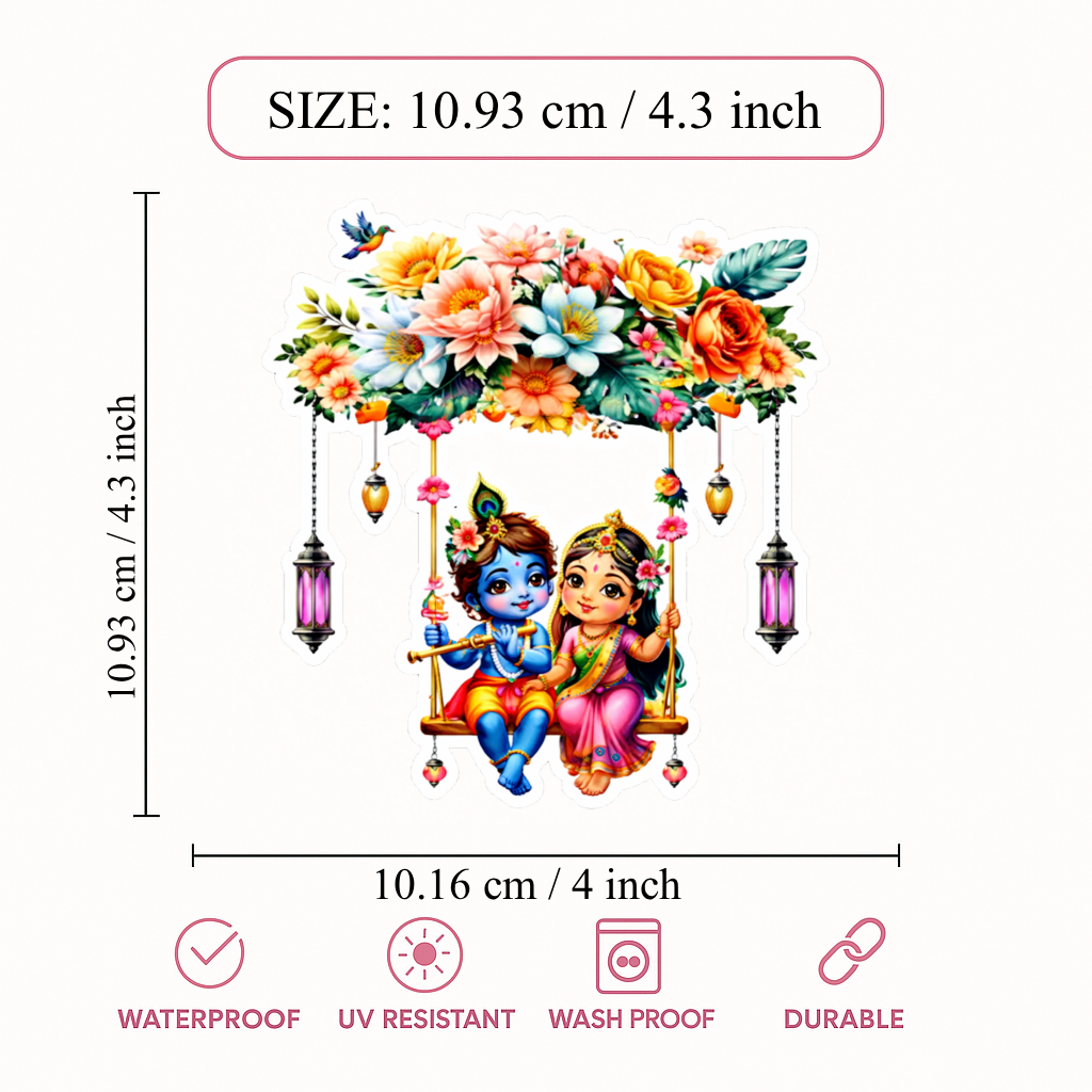 Smeeps Radha Krishna Swing Sticker – 10.16 × 10.93 cm (4 × 4.3 Inch) Premium Vinyl Decal | Cute Floral Krishna Radha Design | Waterproof UV Resistant Wash Proof | Pack of 1