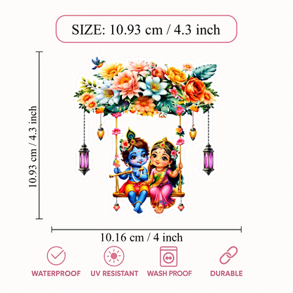 Smeeps Radha Krishna Swing Sticker – 10.16 × 10.93 cm (4 × 4.3 Inch) Premium Vinyl Decal | Cute Floral Krishna Radha Design | Waterproof UV Resistant Wash Proof | Pack of 1