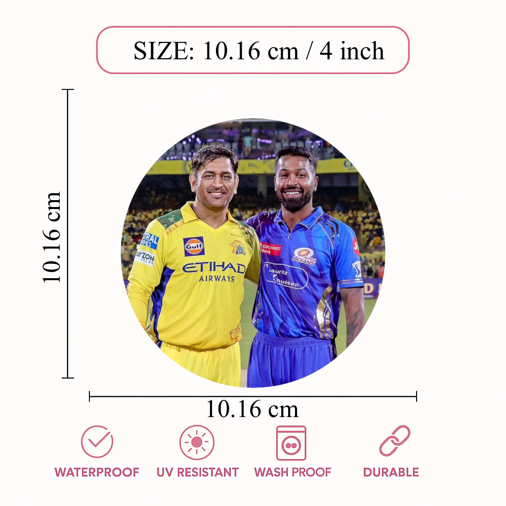 Smeeps MS Dhoni & Hardik Pandya IPL Sticker – 10.16 × 10.16 cm (4 × 4 Inch) Round Car & Bike Vinyl Decal | CSK & MI Captain Duo Design | Waterproof UV Resistant
