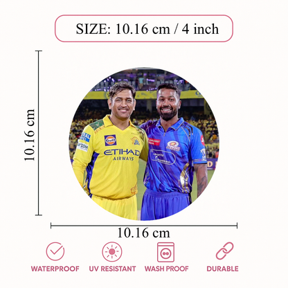 Smeeps MS Dhoni & Hardik Pandya IPL Sticker – 10.16 × 10.16 cm (4 × 4 Inch) Round Car & Bike Vinyl Decal | CSK & MI Captain Duo Design | Waterproof UV Resistant