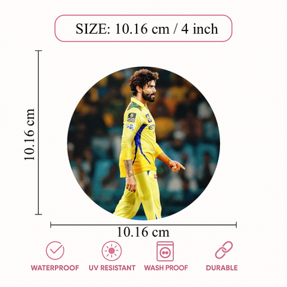 Smeeps Ravindra Jadeja CSK Sticker – 10.16 × 10.16 cm (4 × 4 Inch) Round Car & Bike Vinyl Decal | Chennai Super Kings All-Rounder Design | Waterproof UV Resistant