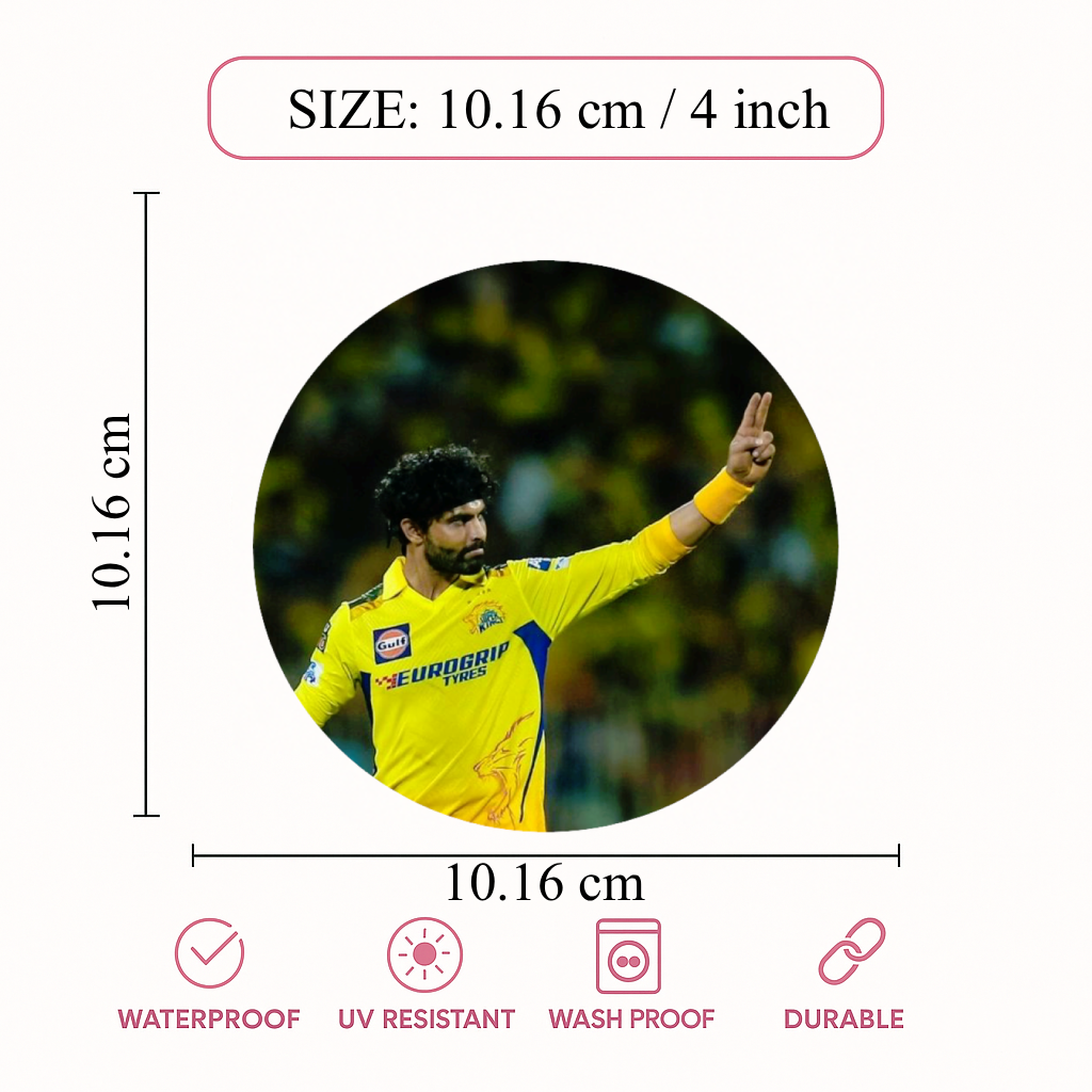 Smeeps Ravindra Jadeja CSK Sticker – 10.16 × 10.16 cm (4 × 4 Inch) Round Car & Bike Vinyl Decal | Chennai Super Kings All-Rounder Design | Waterproof UV Resistant