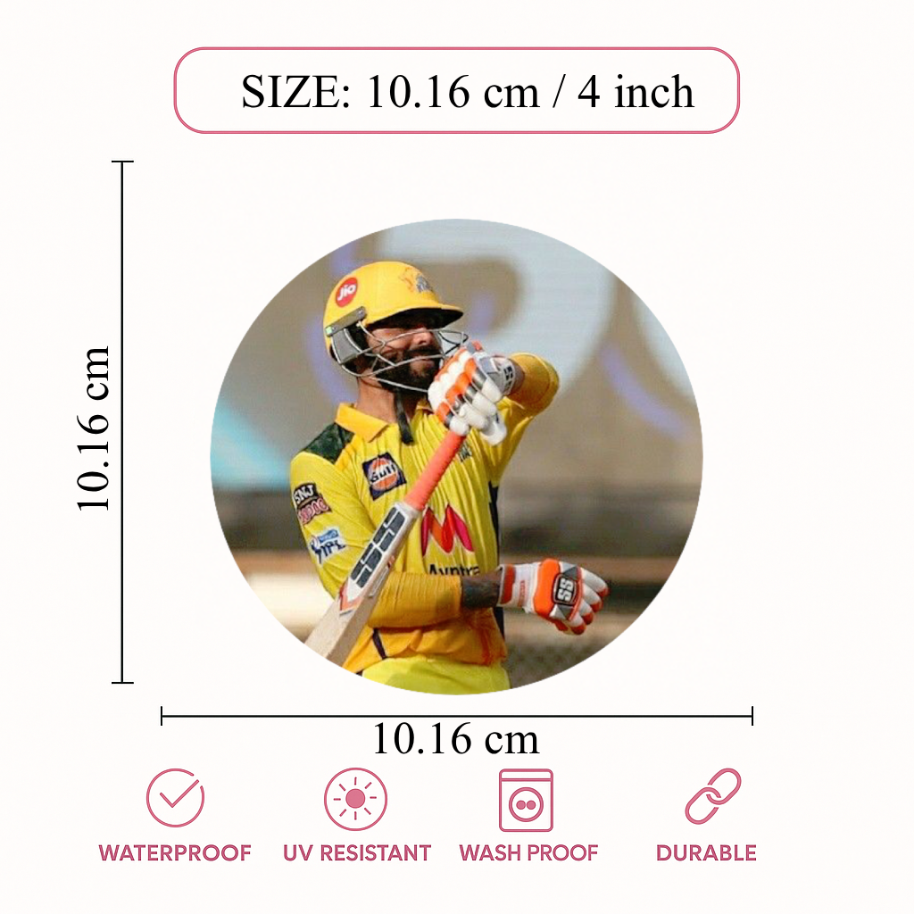 Smeeps Ravindra Jadeja CSK Sticker – 10.16 cm (4 Inch) Round Car & Bike Vinyl Decal | Chennai Super Kings All-Rounder Action Design | Waterproof UV Resistant