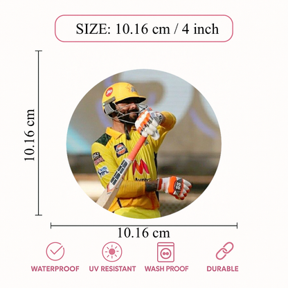 Smeeps Ravindra Jadeja CSK Sticker – 10.16 cm (4 Inch) Round Car & Bike Vinyl Decal | Chennai Super Kings All-Rounder Action Design | Waterproof UV Resistant