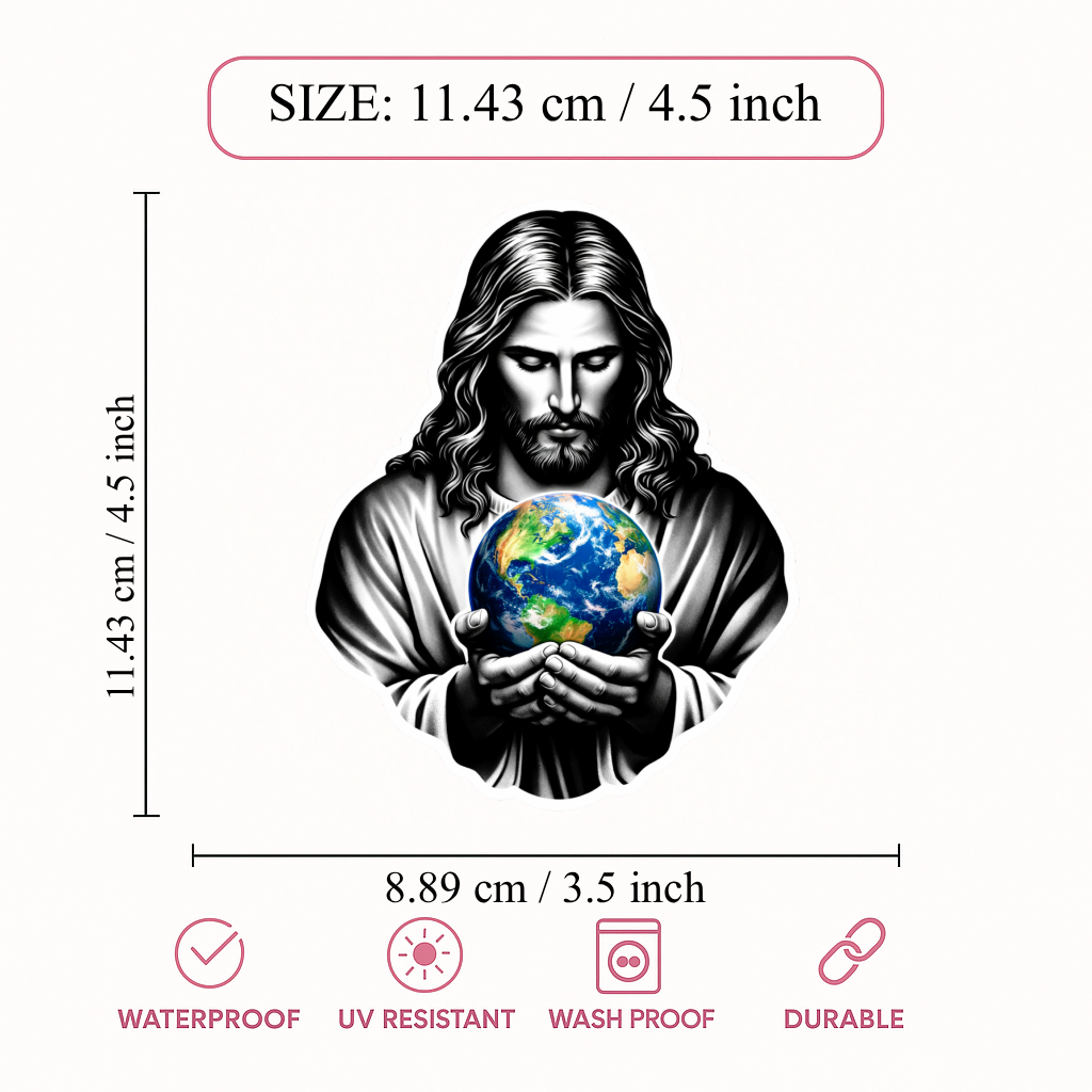 Smeeps Jesus Christ Sticker – 8.89 × 11.43 cm (3.5 × 4.5 Inch) Premium Vinyl Decal | Jesus Holding Earth Design | Waterproof UV Resistant Wash Proof | Pack of 1
