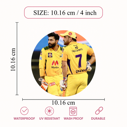 Smeeps MS Dhoni & Ravindra Jadeja CSK Duo Sticker – 10.16 cm (4 Inch) Round Car & Bike Vinyl Decal | Chennai Super Kings Legends Design | Waterproof UV Resistant