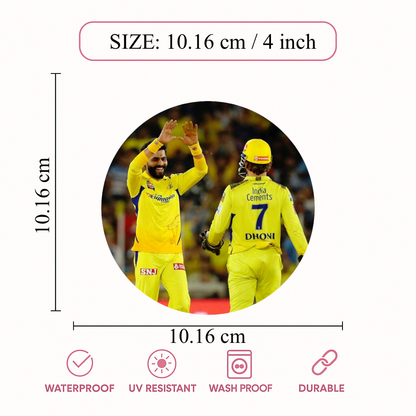Smeeps Ravindra Jadeja & MS Dhoni CSK Sticker – 10.16 × 10.16 cm  Round Car & Bike Vinyl Decal | Chennai Super Kings Duo Celebration Design | Waterproof UV Resistant