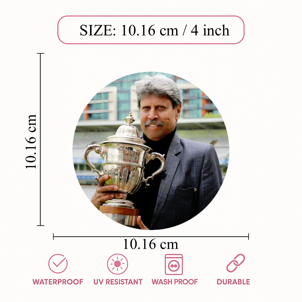Smeeps Kapil Dev Cricket Legend Sticker – 10.16 × 10.16 cm (4 × 4 Inch) Round Car & Bike Vinyl Decal |World Cup Champion Design | Waterproof UV Resistant