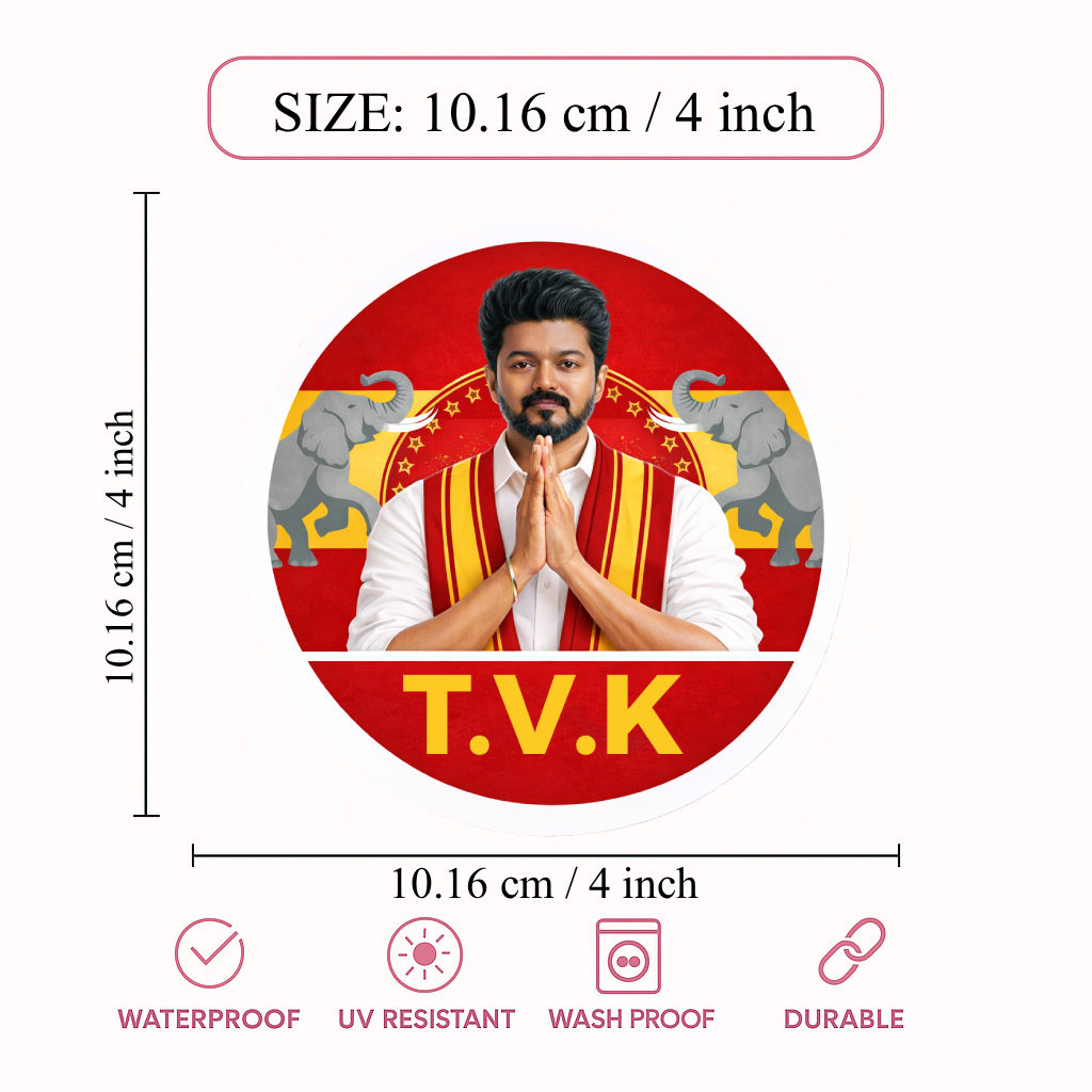 Smeeps Vijay TVK Circular Car Sticker – 10.16 × 10.16 cm (4 × 4 Inch) Premium Vinyl Decal | Thamizaga Vettri Kazhagam T.V.K Design | Waterproof UV Resistant Wash Proof | Pack of 1