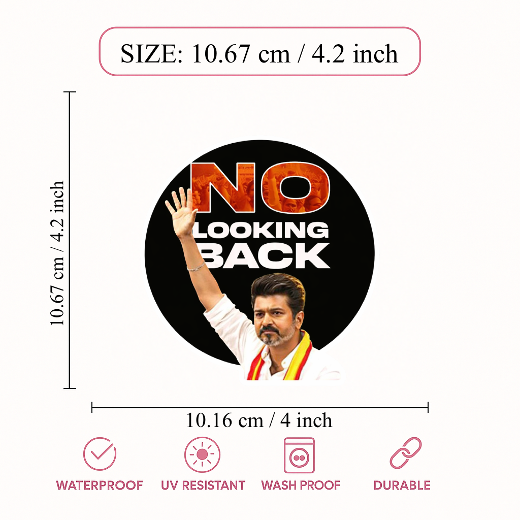 Smeeps Vijay “No Looking Back” Circular Car Sticker – 10.67 × 10.67 cm (4.2 × 4.2 Inch) Premium Vinyl Decal | Bold Motivational Fan Design | Waterproof UV Resistant Wash Proof | Pack of 1