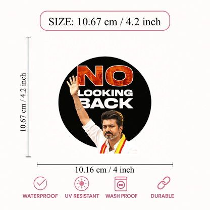 Smeeps Vijay “No Looking Back” Circular Car Sticker – 10.67 × 10.67 cm (4.2 × 4.2 Inch) Premium Vinyl Decal | Bold Motivational Fan Design | Waterproof UV Resistant Wash Proof | Pack of 1