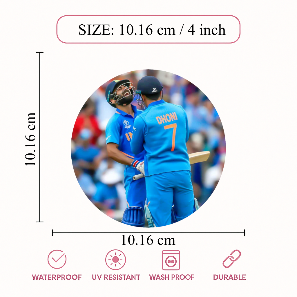 Smeeps MS Dhoni & Virat Kohli India Celebration Sticker – 10.16 cm (4 Inch) Round Car & Bike Vinyl Decal | Iconic Team India Moment Design | Waterproof UV Resistant