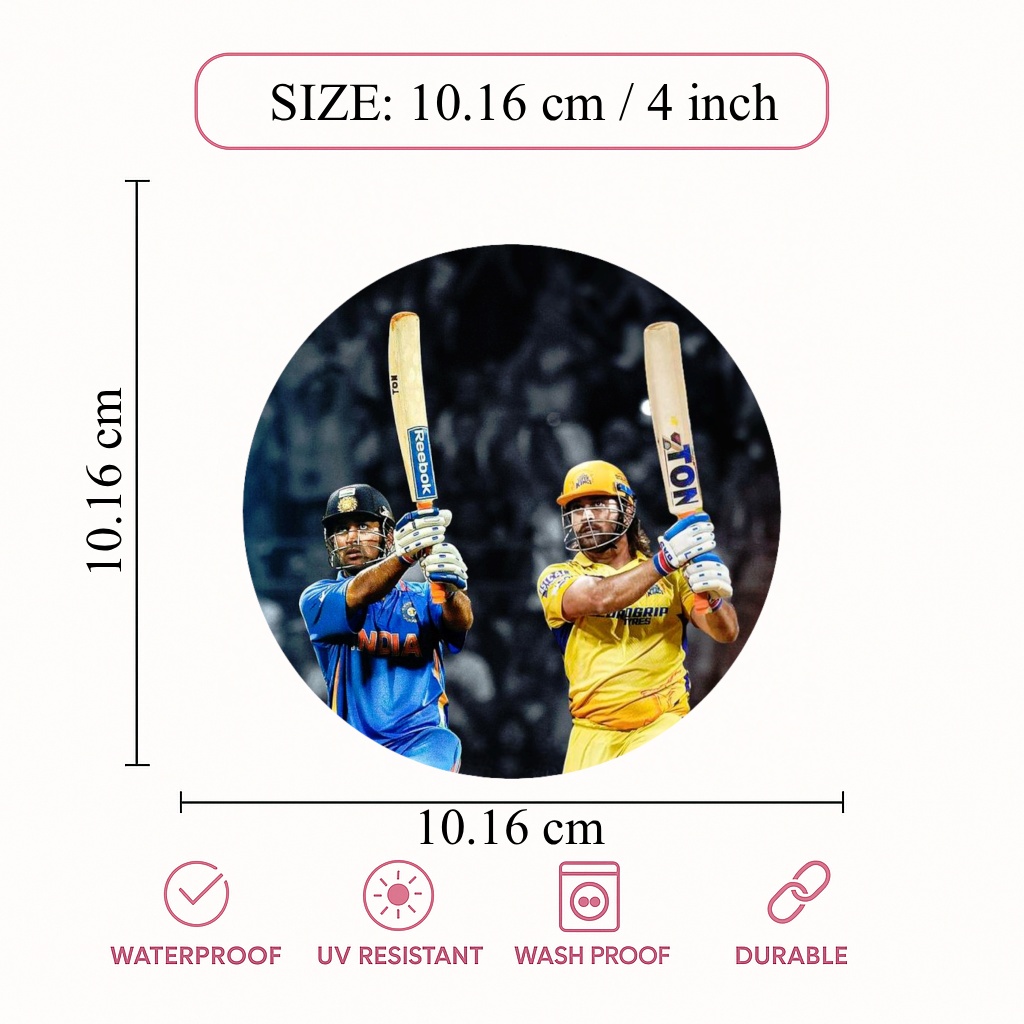 Smeeps MS Dhoni & Sachin Tendulkar Cricket Legends Sticker – 10.16 × 10.16 cm (4 × 4 Inch) Round Car & Bike Vinyl Decal | Iconic Bat Raise Celebration Design | Waterproof UV Resistant