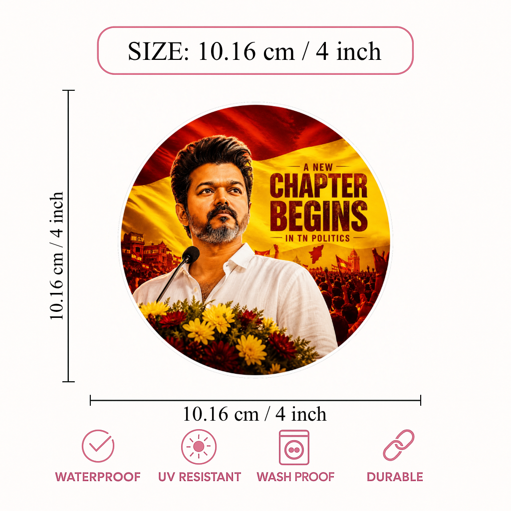 Thalapathy Vijay “A New Chapter Begins” Round Sticker – 10.16 × 10.16 cm (4 × 4 Inch) Waterproof UV Resistant Vinyl Car & Bike Sticker for Car, Helmet, Laptop & Bike | Premium Political Theme Decal Pack of 1