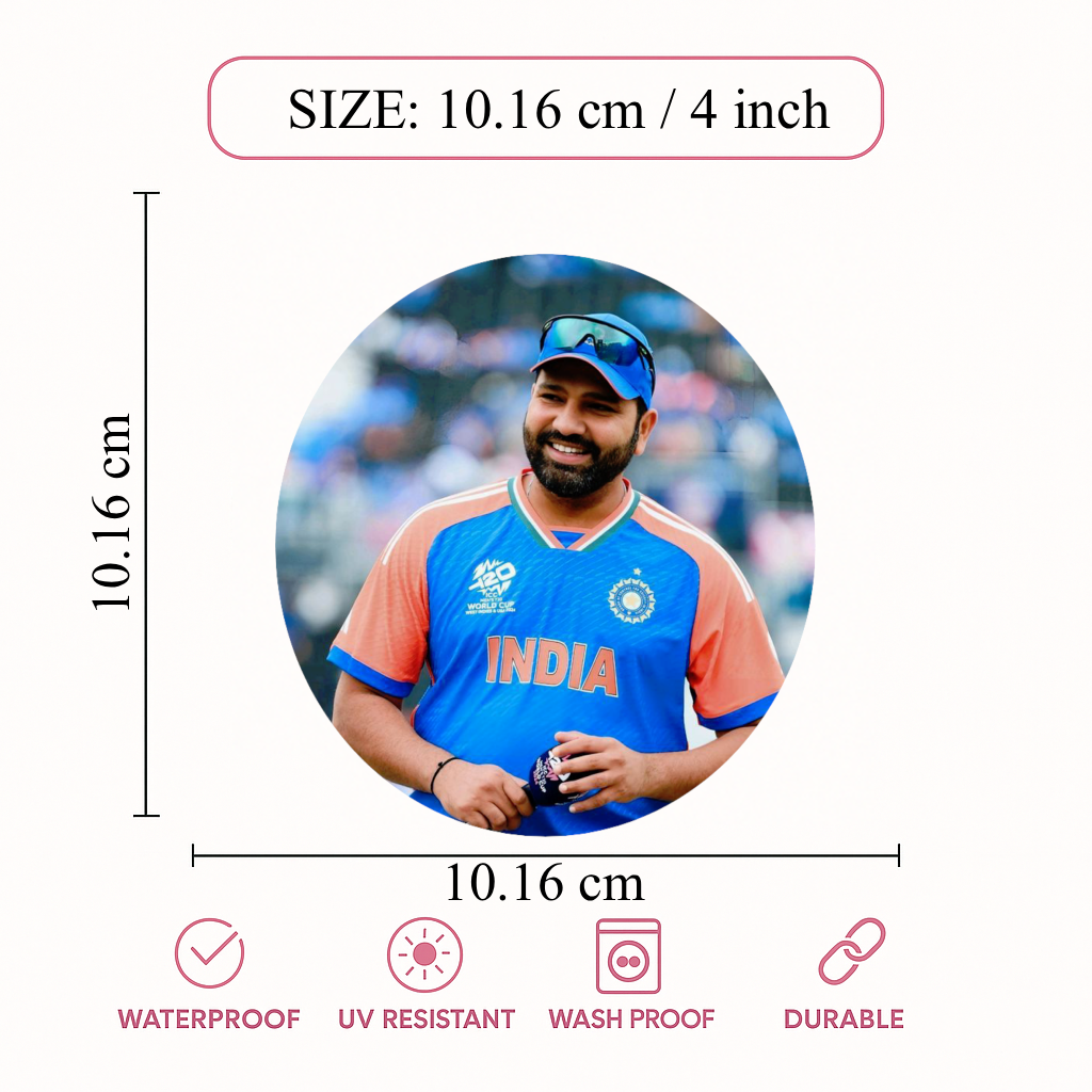 Smeeps Rohit Sharma India Cricket Sticker – 10.16 × 10.16 cm (4 × 4 Inch) Round Car & Bike Vinyl Decal | Indian Team Captain Design | Waterproof UV Resistant