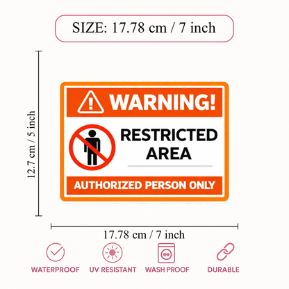 Smeeps Warning Restricted Area Sticker – 17.78 × 12.7 cm (7 × 5 Inch) Authorized Person Only Safety Sign | Waterproof UV Resistant Wash Proof Durable Vinyl