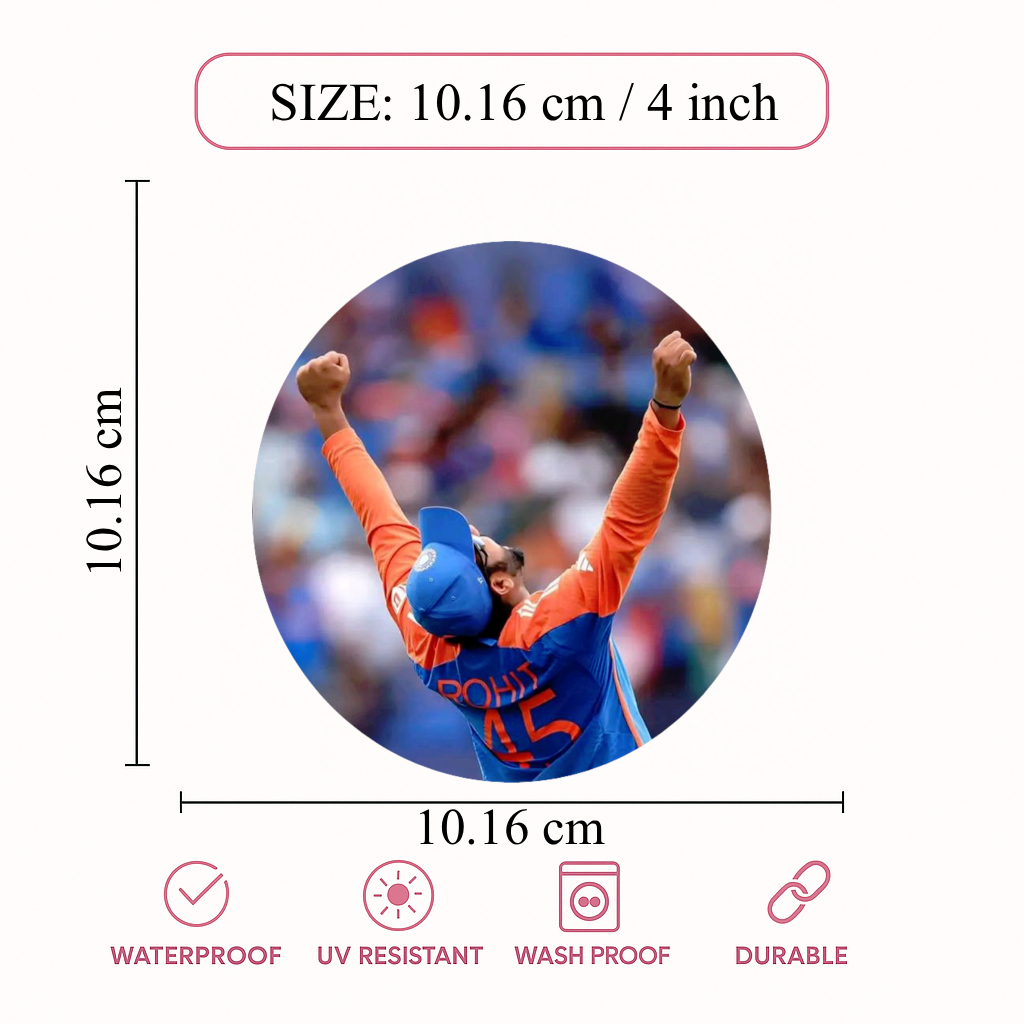 Smeeps Rohit Sharma Celebration Sticker – 10.16 × 10.16 cm (4 × 4 Inch) Round Car & Bike Vinyl Decal | Indian Cricket Team Hitman Design | Waterproof UV Resistant