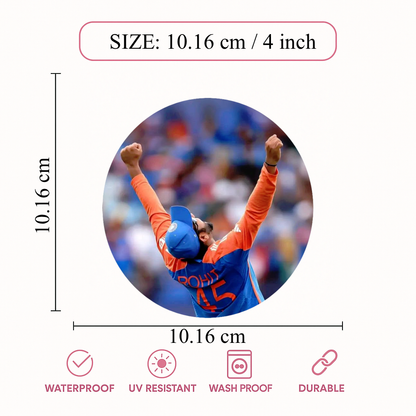 Smeeps Rohit Sharma Celebration Sticker – 10.16 × 10.16 cm (4 × 4 Inch) Round Car & Bike Vinyl Decal | Indian Cricket Team Hitman Design | Waterproof UV Resistant