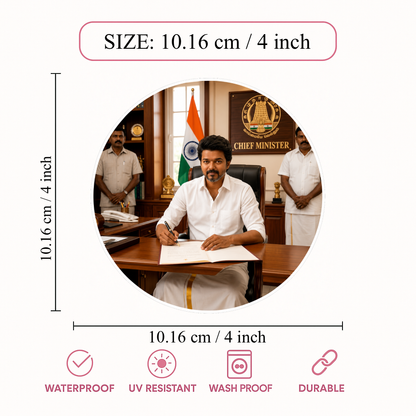Thalapathy Vijay Chief Minister Round Sticker – 10.16 × 10.16 cm (4 × 4 Inch) Waterproof UV Resistant Vinyl Car & Bike Sticker for Car, Bike, Helmet & Laptop | Premium Fan Art Decal Pack of 1