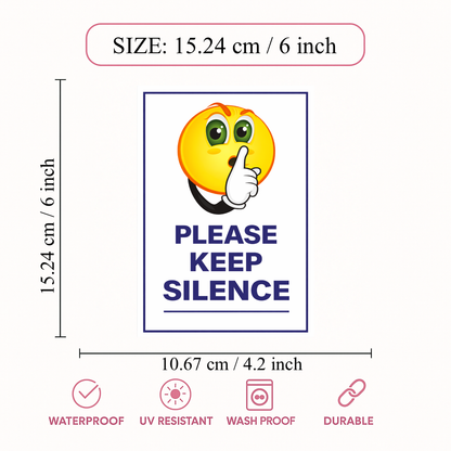 Smeeps Please Keep Silence Sticker – 15.24 × 10.67 cm (6 × 4.2 Inch) Emoji Quiet Zone Instruction Vinyl Sign | Waterproof UV Resistant Wash Proof Durable