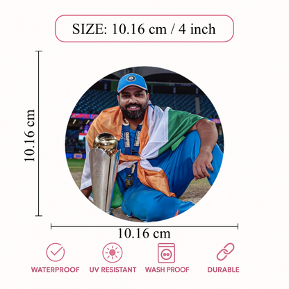 Smeeps Rohit Sharma World Cup Trophy Sticker – 10.16 × 10.16 cm (4 × 4 Inch) Round Car & Bike Vinyl Decal | Team India Captain Celebration Design | Waterproof UV Resistant