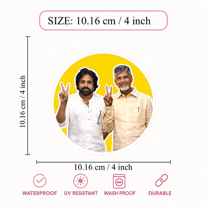 Smeeps Pawan Kalyan & N. Chandrababu Naidu Vinyl Sticker – 10.16 × 10.16 cm (4 × 4 Inch) Political Leaders Round Die-Cut Car Sticker | Waterproof UV Resistant Wash Proof | Pack of 1