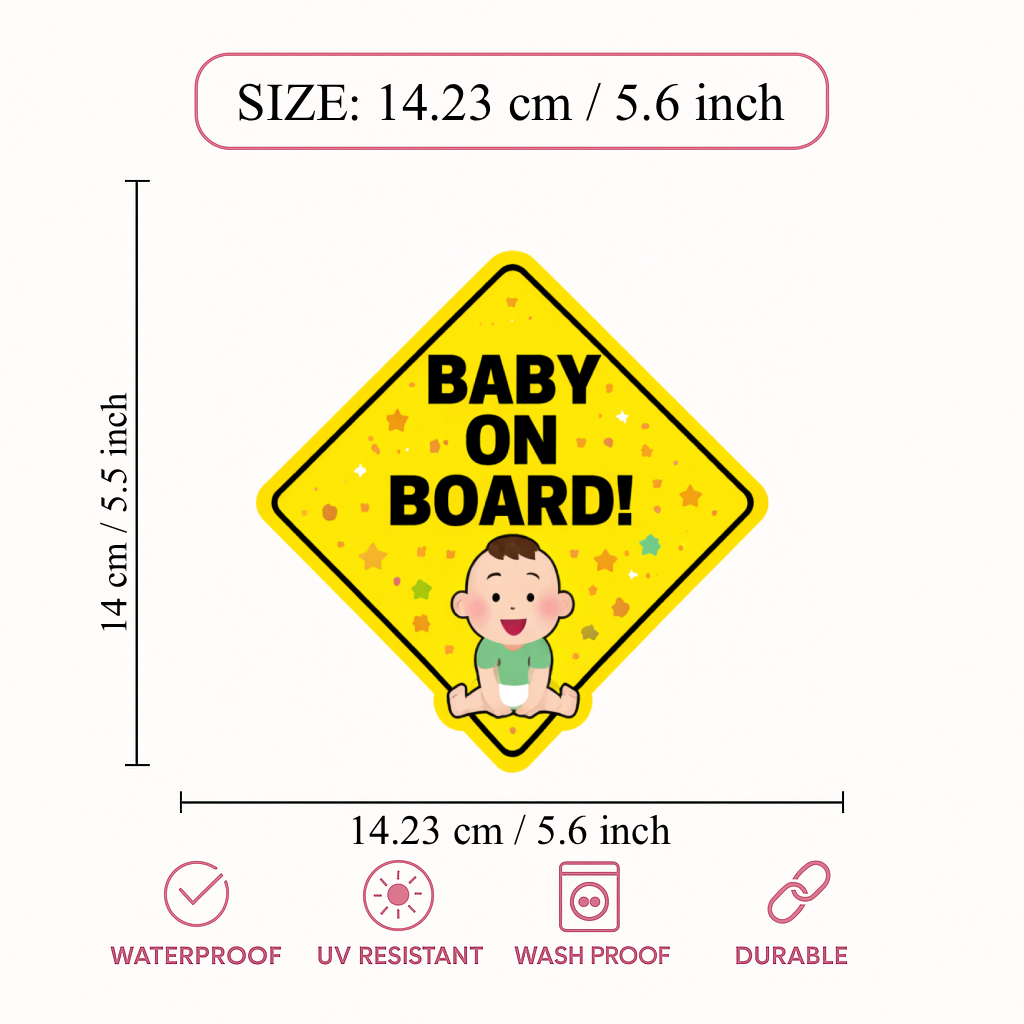 Smeeps Baby On Board Car Sticker – 14.23 × 14.23 cm (5.6 × 5.6 Inch) Cute Diamond Shape Baby Safety Vinyl Decal for Car | Waterproof UV Resistant Washable Sticker