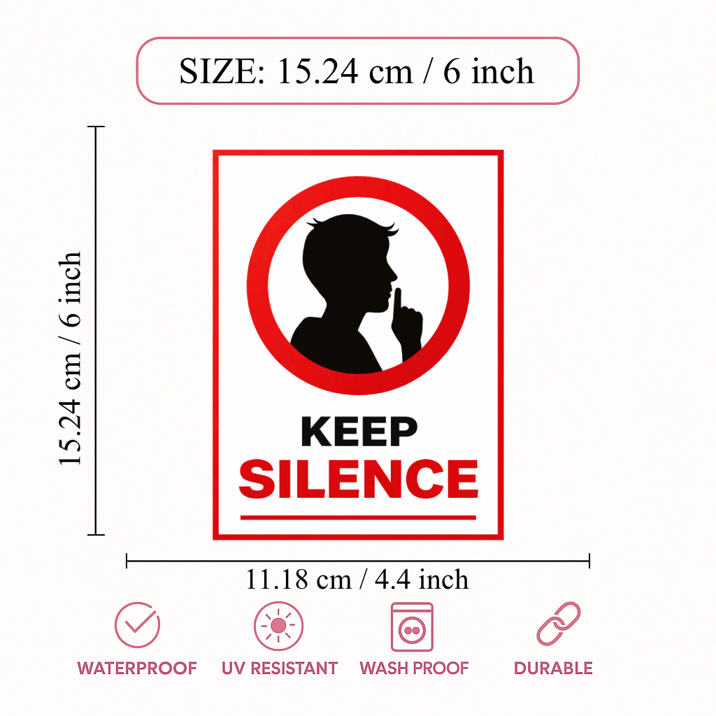 Smeeps Keep Silence Instruction Sticker – 15.24 × 11.18 cm (6 × 4.4 Inch) Quiet Zone Warning Vinyl Sign | Waterproof UV Resistant Wash Proof Durable