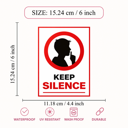 Smeeps Keep Silence Instruction Sticker – 15.24 × 11.18 cm (6 × 4.4 Inch) Quiet Zone Warning Vinyl Sign | Waterproof UV Resistant Wash Proof Durable