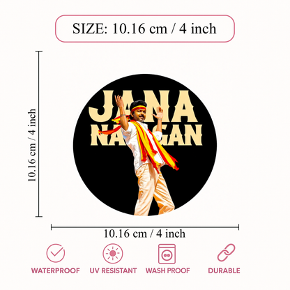 Smeeps Vijay “JANA NAYAGAN” Circular Car Sticker – 10.16 × 10.16 cm (4 × 4 Inch) Premium Vinyl Decal | Black Background Design | Waterproof UV Resistant Wash Proof | Pack of 1