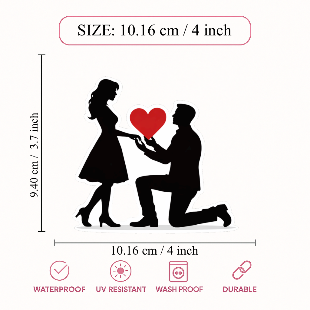 Smeeps Romantic Proposal Silhouette Sticker – 10.16 × 9.40 cm (4 × 3.7 Inch) Premium Vinyl Decal | Kneeling Proposal Heart Design | Waterproof UV Resistant Wash Proof | Pack of 1