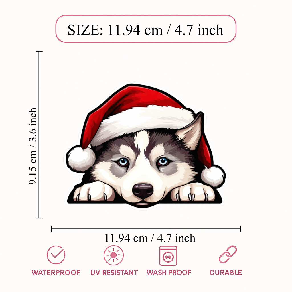 Smeeps Cute Husky Christmas Sticker – 11.94 × 9.15 cm (4.7 × 3.6 Inch) Premium Vinyl Decal | Santa Cap Puppy Dog Design | Waterproof UV Resistant Wash Proof | Pack of 1