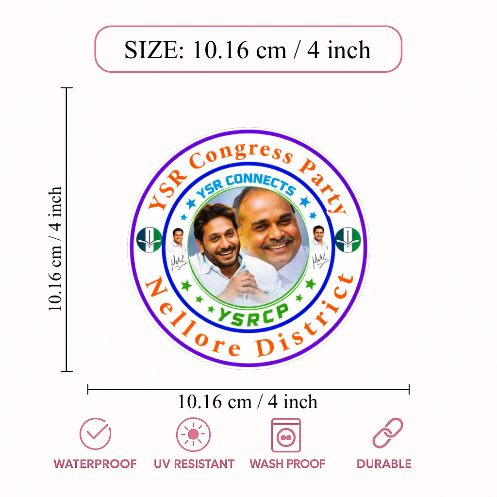 Smeeps YSR Congress Party Nellore District Vinyl Sticker – 10.16 × 10.16 cm (4 × 4 Inch) Waterproof Round Car Bike Laptop Decal | UV Resistant Wash Proof Political Sticker | Pack of 1