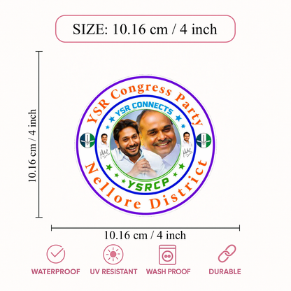 Smeeps YSR Congress Party Nellore District Vinyl Sticker – 10.16 × 10.16 cm (4 × 4 Inch) Waterproof Round Car Bike Laptop Decal | UV Resistant Wash Proof Political Sticker | Pack of 1