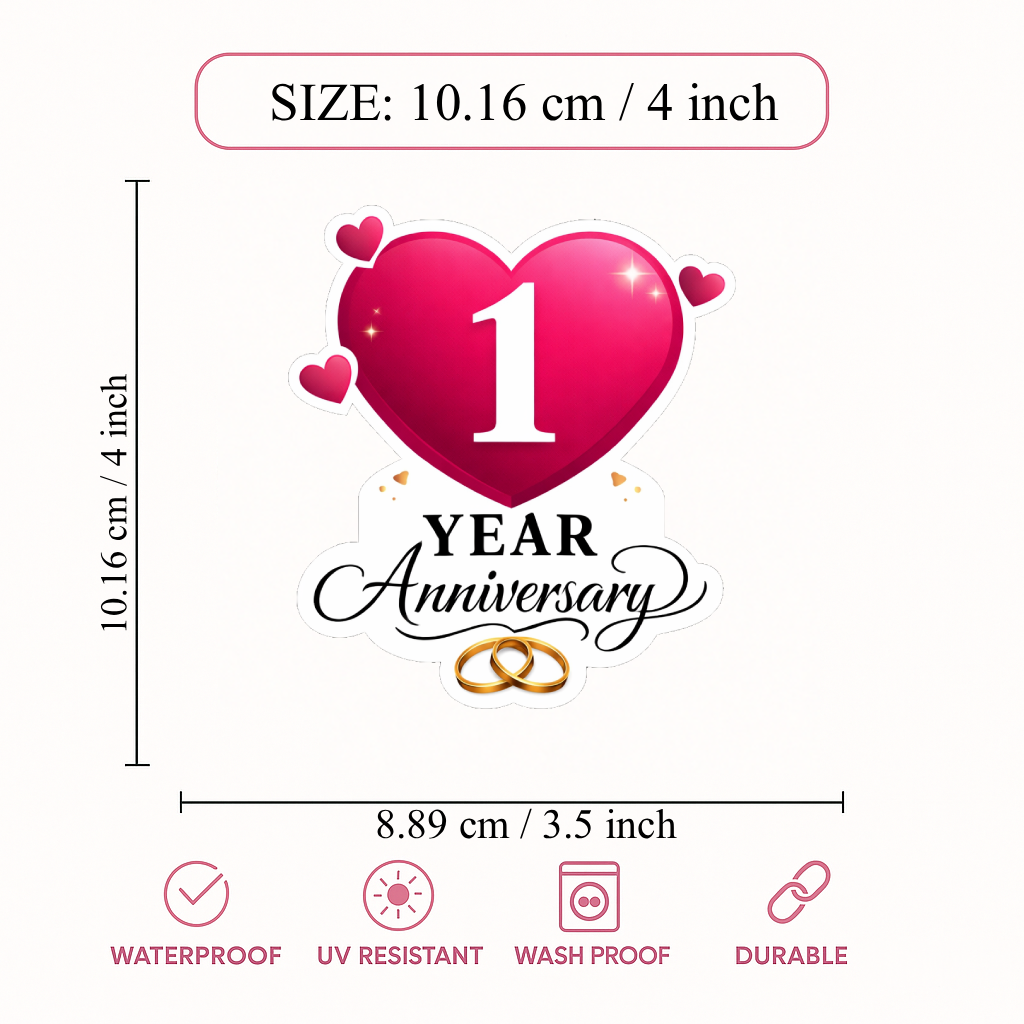 Smeeps 1 Year Anniversary Sticker – 10.16 × 10.16 cm (4 × 4 Inch) Romantic First Wedding Anniversary Heart Vinyl Die-Cut Sticker with Ring Design | Waterproof UV Resistant | Pack of 1