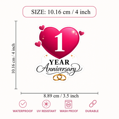 Smeeps 1 Year Anniversary Sticker – 10.16 × 10.16 cm (4 × 4 Inch) Romantic First Wedding Anniversary Heart Vinyl Die-Cut Sticker with Ring Design | Waterproof UV Resistant | Pack of 1